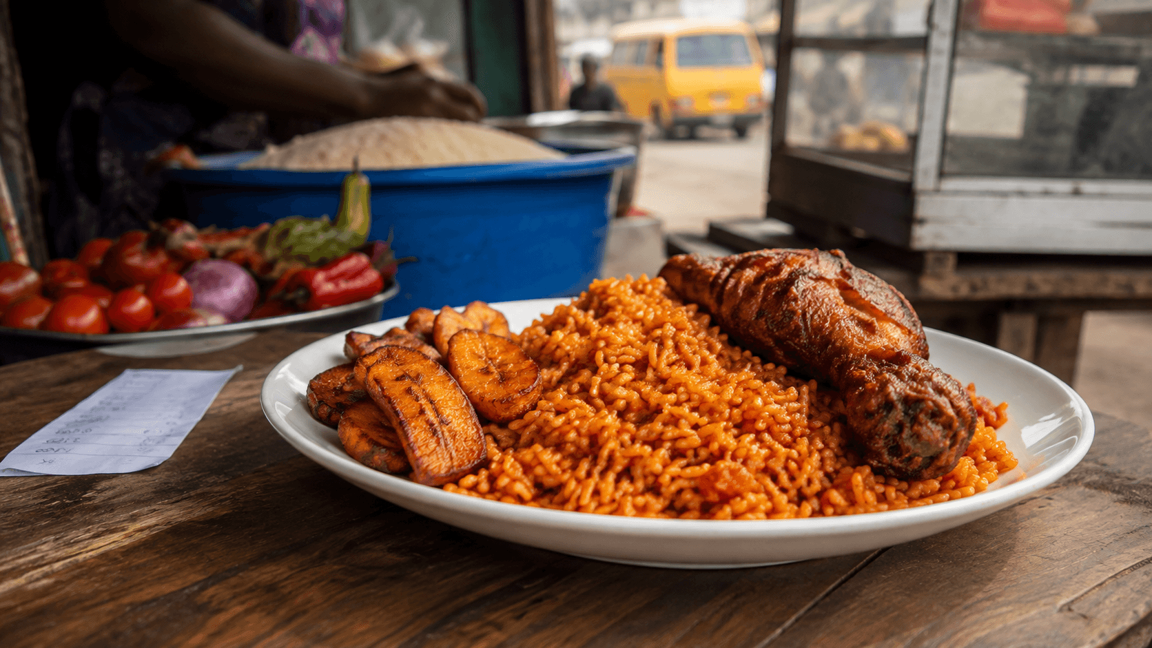 A plate of jollof rice with plantain and chicken