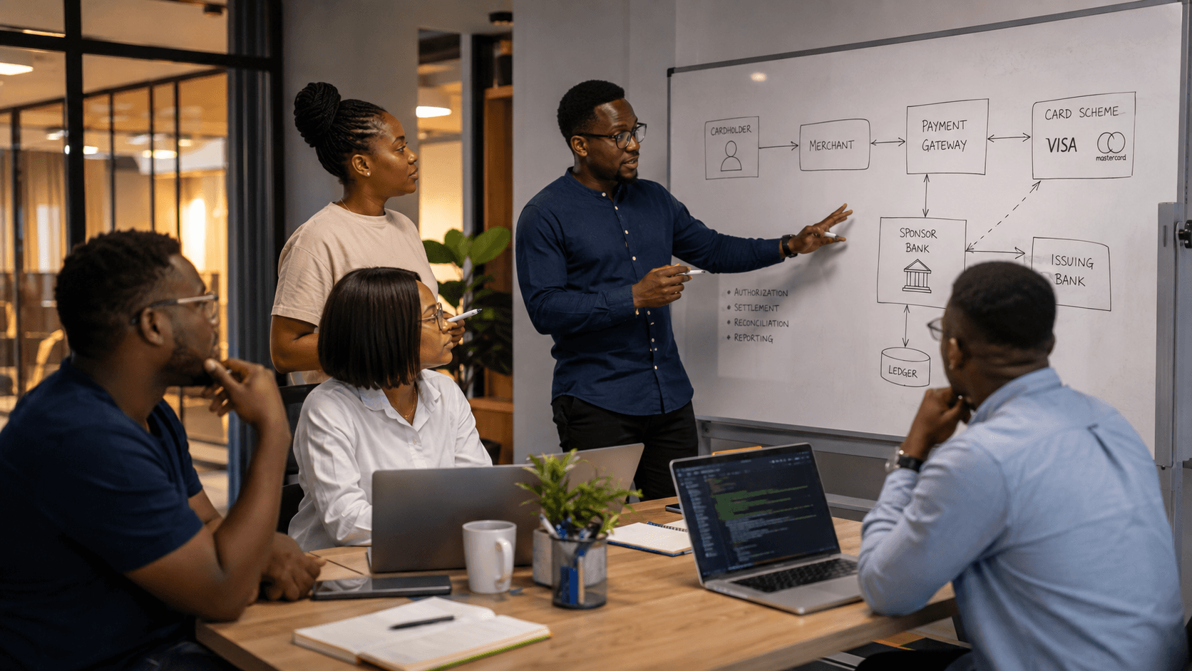 Engineers whiteboarding a card payment flow