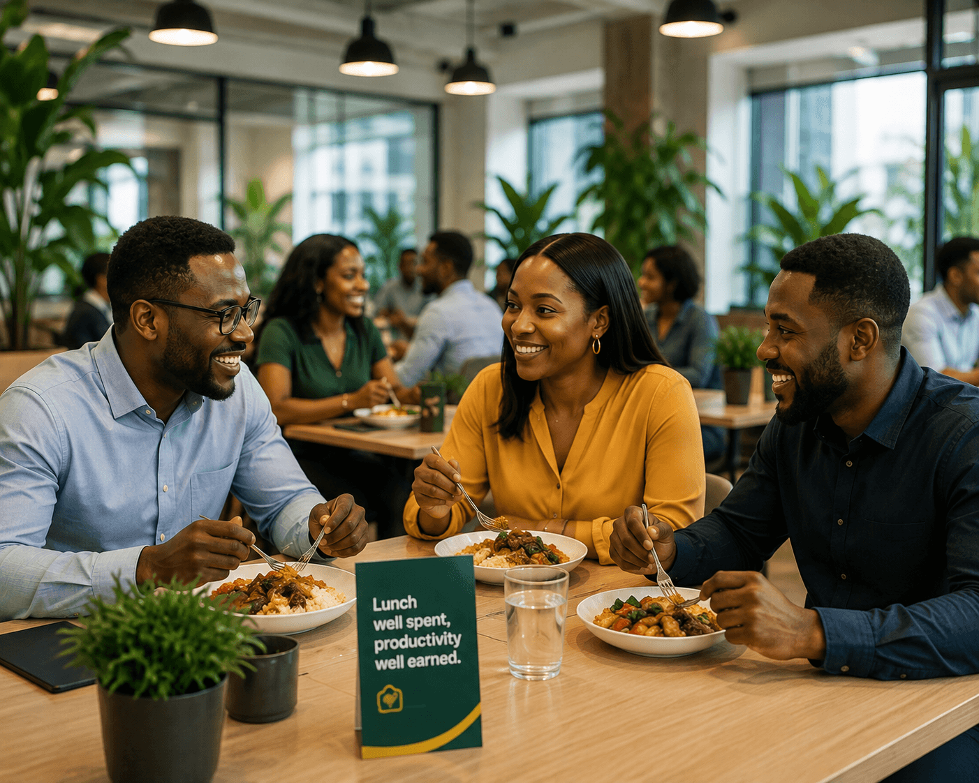 Colleagues laughing over lunch together in a bright office canteen